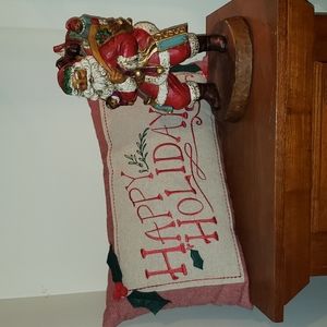 *** Vintage Wood-like Santa AND beautiful Pillow